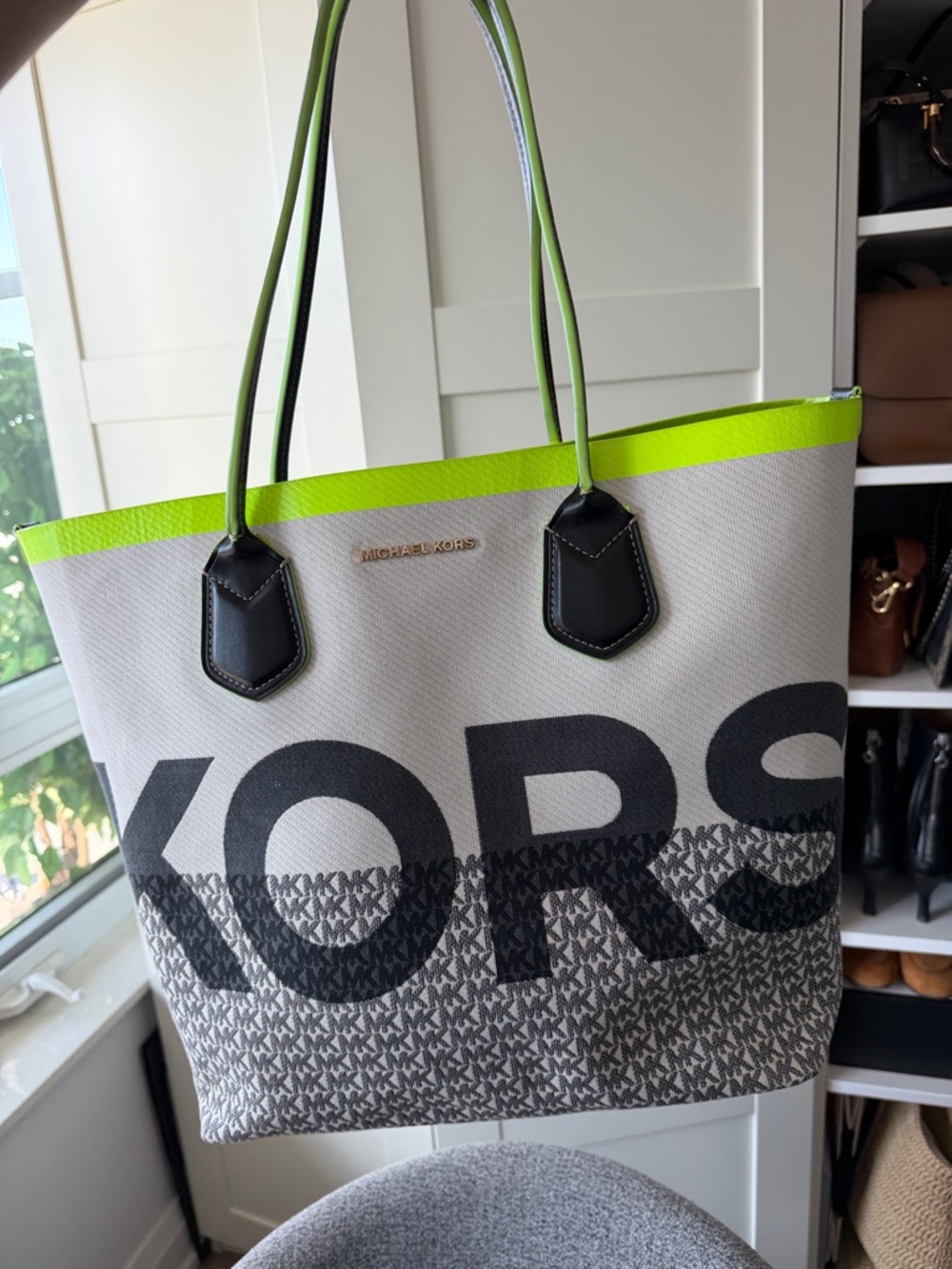 Michael Kors Gray Canvas Logo Tote with Neon Green Trim